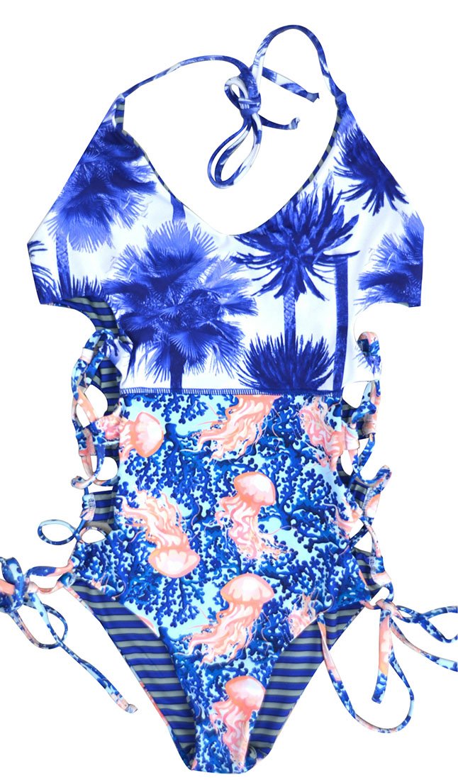 DFXIU Costume Da Bagno Reversibile Con Stampa Per Donne a Righe Monokini Beachwear Monocolore Striscia Fiori Blu