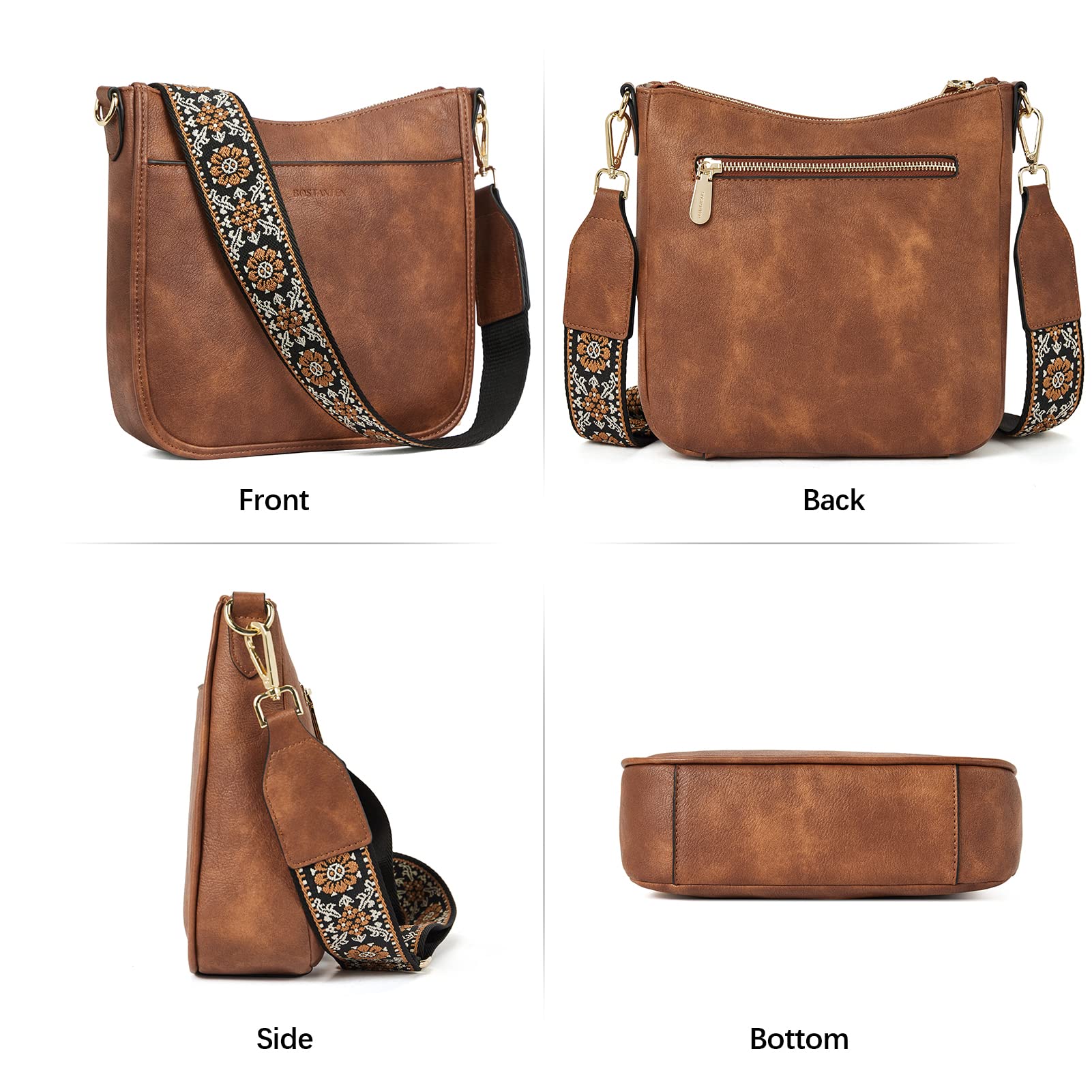 BOSTANTEN Handtasche Damen Mittelgroß Umhängetasche Crossbody Bags Leder Schultertasche für Frauen Shopper Tasche mit Verstellbarem Farbigem Riemen Braun