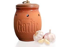 Dheureka Garlic Keeper with Wooden Lid, 19 oz Clay Garlic Storage Container to Keep Garlic Cloves Fresh Longer, Countertop Or