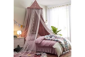 VETHIN Bed Canopy for Kids with Lights,Double Layer Princess Round Dome Children Dreamy Mosquito Net Bedding Girls Room Castle Play Tent Hanging House Decor Reading Nook Canopies(Jujube Red/White)