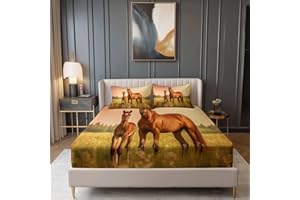 Twin Size Fitted Sheet Set Soft Breathable Wrinkle Fade Free - Brown Nature Grass Sunset Horse Printed Bed Sheets Deep Pocket