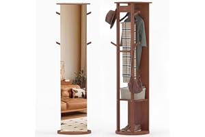 CHARMAID Swivel Full Length Mirror with Coat Rack, 66" Wood Floor Standing Mirror with 2 Clothes Rods, 4 Hooks & 2 Storage Sh