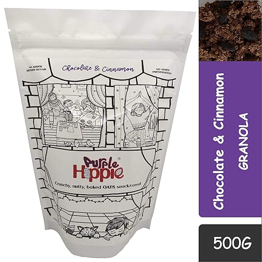 PURPLE HIPPIE Crunchy Breakfast Cereal Chocolate & Cinnamon Granola-Baked Oats, with Chocolate Coated Almonds & Raisins (500grams)
