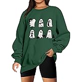 ASTANFY Halloween Sweatshirts for Women Black Cat Ghost Sweatshirts Spooky Season Crewneck Sweater Fall Long Sleeves Top