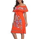 YZXDORWJ Women Mexican Embroidered Dress Ruffle Collar Sleeveless
