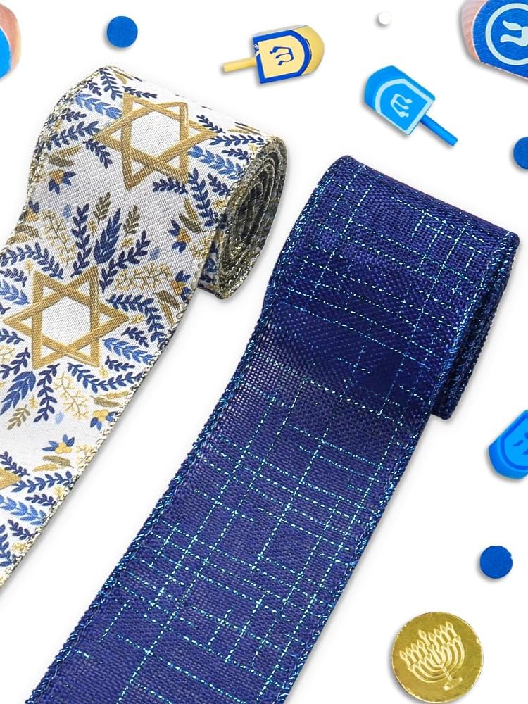 Photo 1 of 2 Roll 10 Yards Hanukkah Ribbons, 2.5" Star of David Wired Edge Burlap Ribbon Glitter Blue White Gold Jewish Christmas Branch Ribbon for Chanukah Party Decor Gift DIY Crafts Wreaths Bow