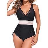 Smismivo Womens One Piece Tummy Control Swimsuit Slimming Push Up Mesh Bathing Suit Color Block Drawstring Swim Suits
