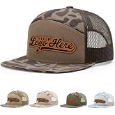 Custom Logo Hat Flat Bill 7 Panel Trucker Laser Engraved Faux Leather Patch