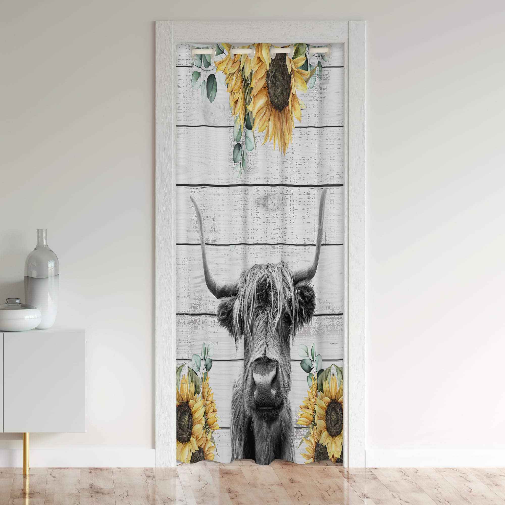Loussiesd Highland Cow Doorway Curtains Privacy Sunflower Farmhouse Animal Closet Door Curtain for Bedroom 30%-50% Blackout Room Darkening Thermal Insulated Curtain Drape 1 Panel 106x203cm