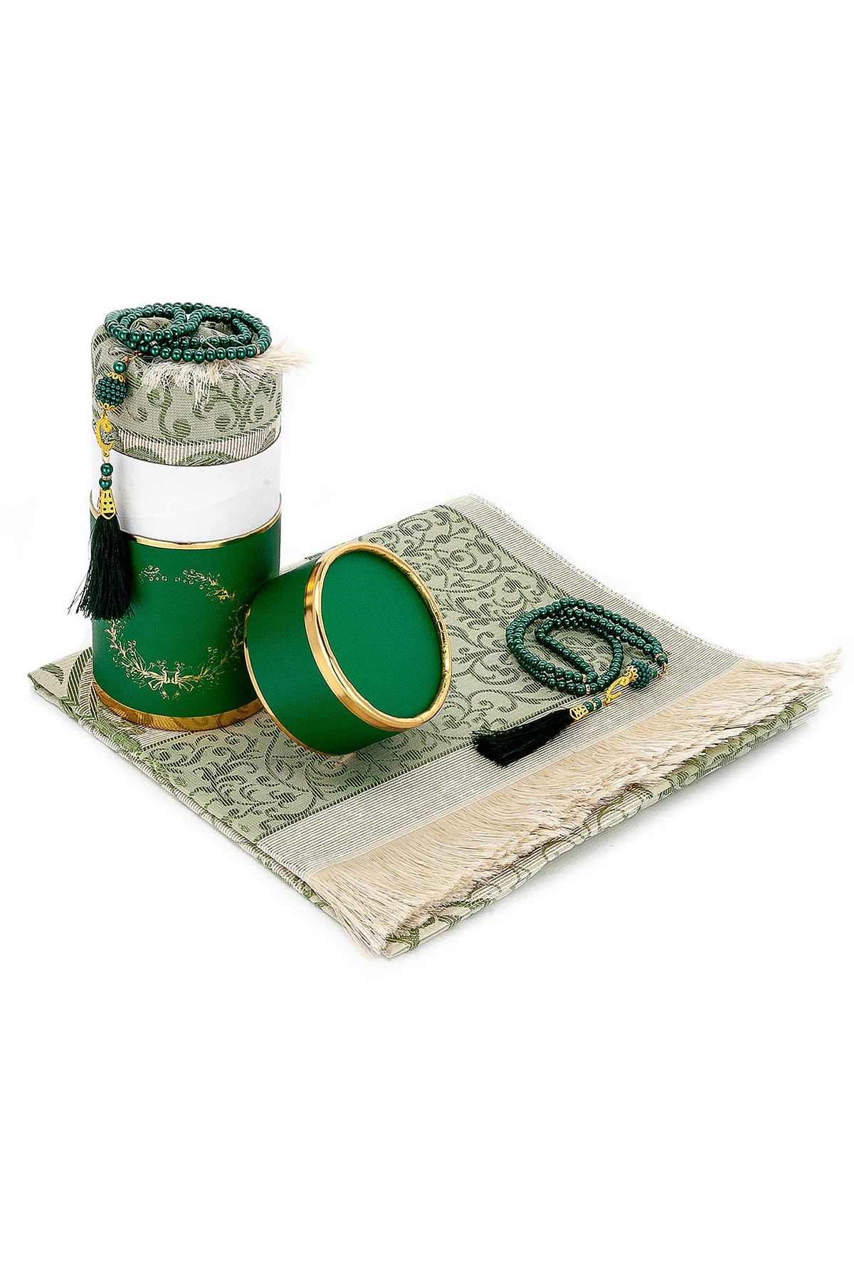 ihvan online Muslim Prayer Rug and Prayer Beads with Elegant Design Cylinder Gift Box, Janamaz, Soft Sajadah, Islamic Gifts Set, Portable Prayers Carpet Mat, Taffeta Fabric, Green