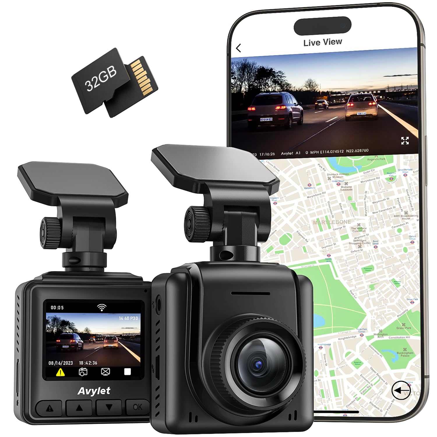 2K Dash Cam with 32 GB Card, 1.5'' IPS Screen, External GPS, WiFi Dash Camera for Cars, Front Dashcams for Cars with APP, WDR, Night Vision, 24 Hours Parking Monitor, G-Sensor, Loop Recording Image