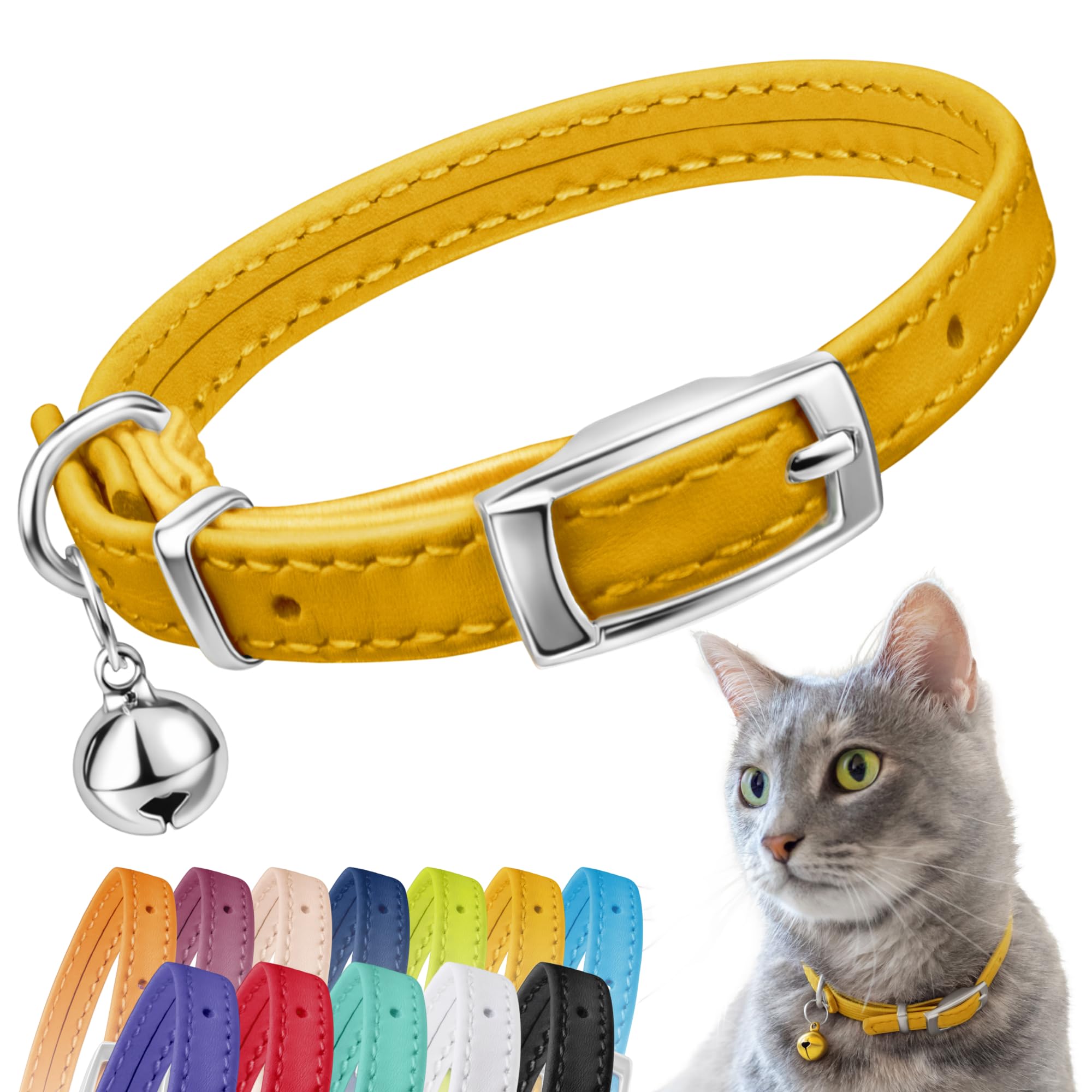 CollarDirect Leather Cat Collar, Cat Safety Collar with Elastic Strap, Kitten Collar for Cat with Bell Black Blue Red Orange Lime Green (Neck Fit 6"-7", Yellow) — image 1