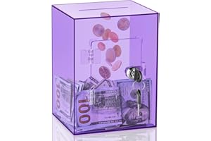 KOZSORT Clear Piggy Bank for Adults Kids, Large Acrylic Piggy Bank Money Saving Box for Cash Saving with Key, Openable Clear Acrylic Savings Jar for Real Money (Purple)