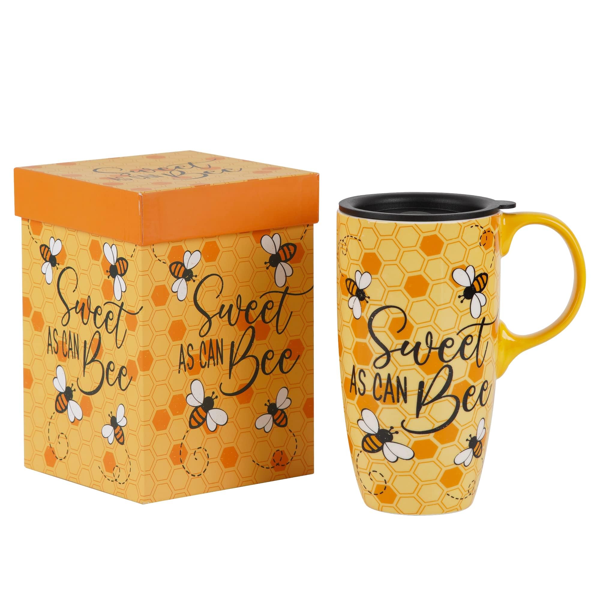DUSVALLY Ceramic Mug Large Coffee Mug Tall Cups Porcelain Latte Coffee Cup with Lid and Color Box 17oz,Bee