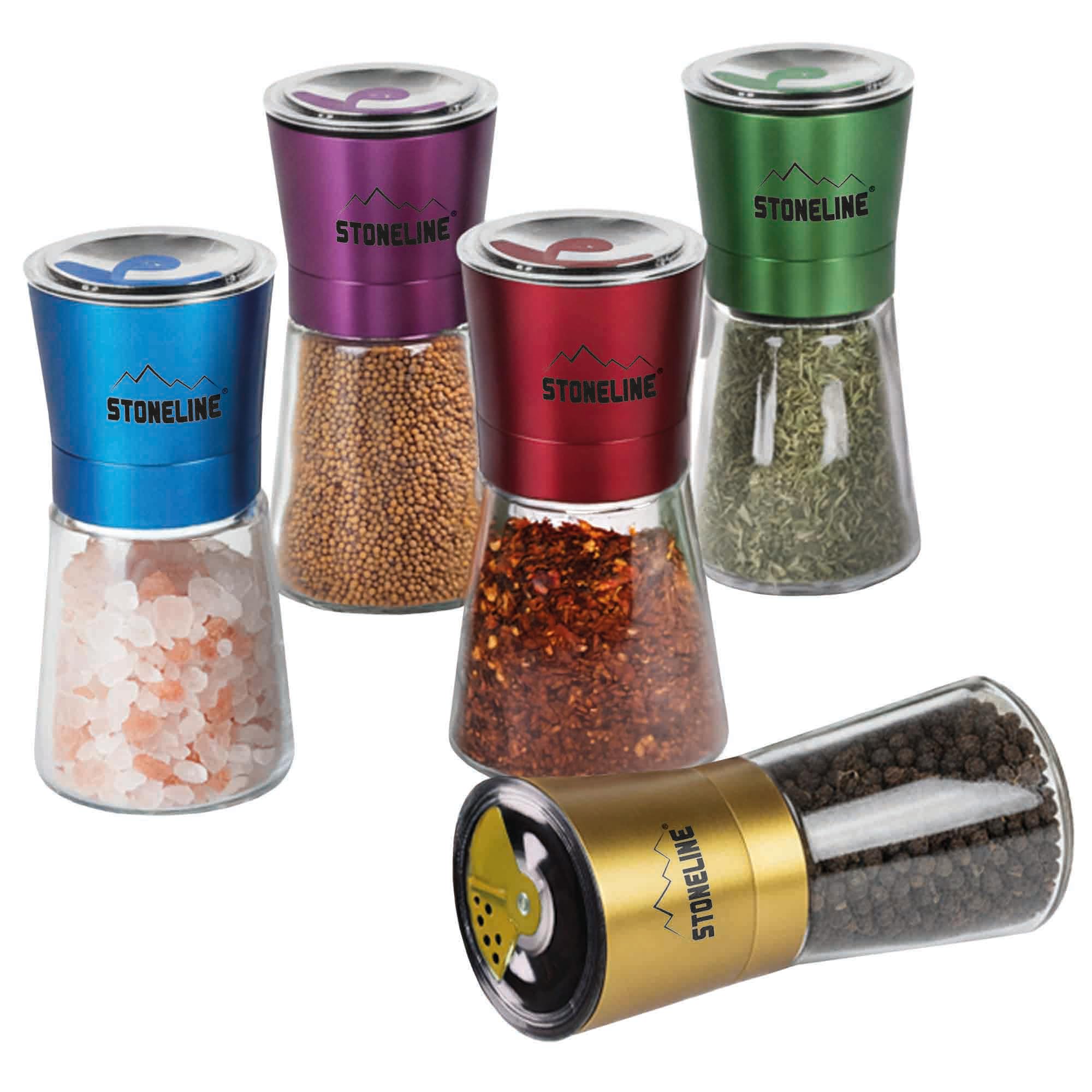 STONELINE® Salt/Pepper Mill Set, 5-Piece Spice Mill, Colourful Lid, with Adjustable Ceramic Grinder