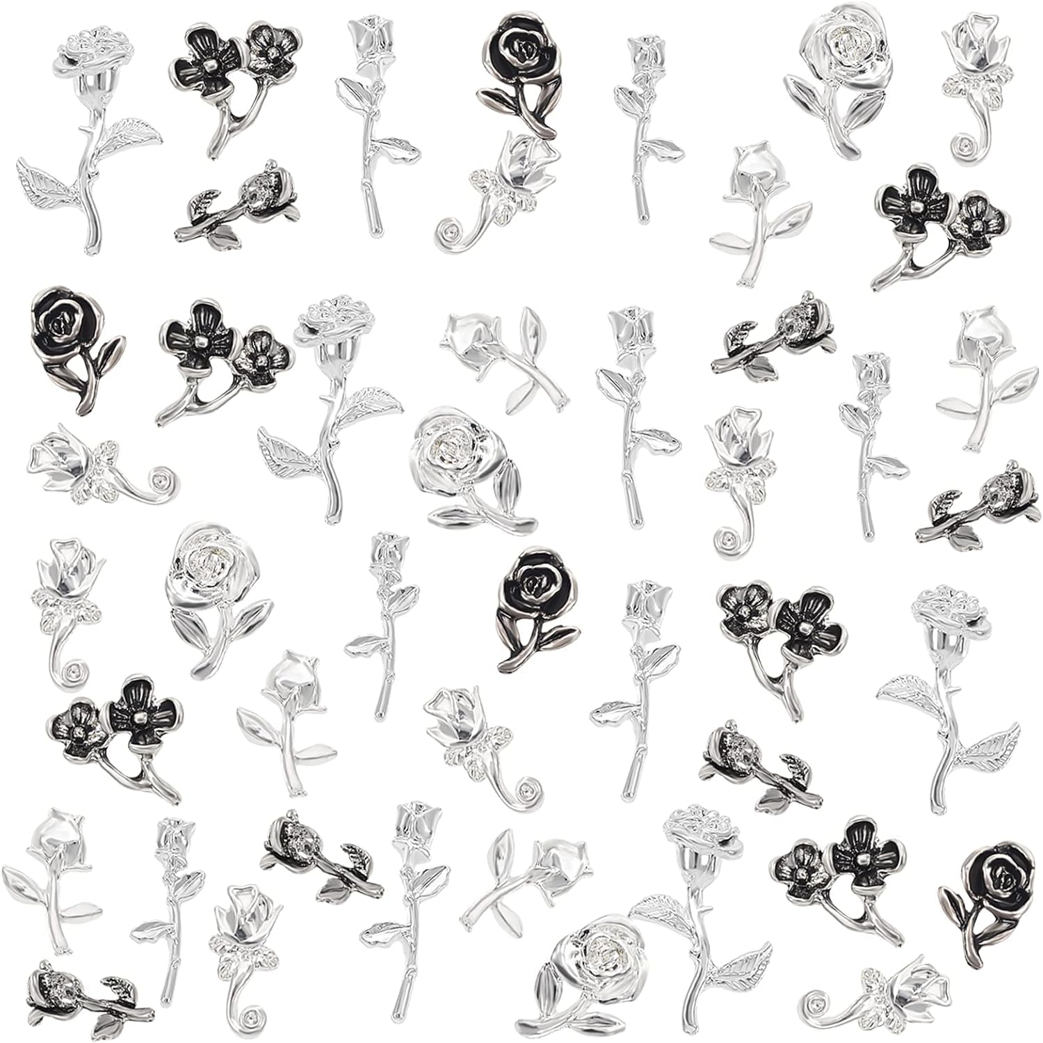 OLYCRAFT 135pcs Flower Theme Resin Fillers Charms Rose Plum Blossom Alloy Cabochons Alloy Epoxy Resin Supplies Nail Art Decorations for Resin Jewelry Making - Antique Silver & Silver