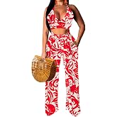 Women 2 Piece Floral Print Outfit for Women Sexy Top&amp;Wide Leg Pants Sets | Vacation Outfits for Women Summer Halter V‑Neck Backless Crop Top&amp; Long Pants for Beach