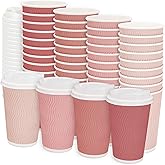 JarThenaAMCS 100Pcs Pink Disposable Coffee Cups with Lids 4 Gradient Pink Colors Paper Cups Corrugated Ripple Wall Insulated Hot Cups 16 oz To Go Hot Cold Cup for Drinks for Home Office Party Supplies