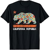 California Republic State Bear Star Poppy Flower LA Cali Tee T-Shirt