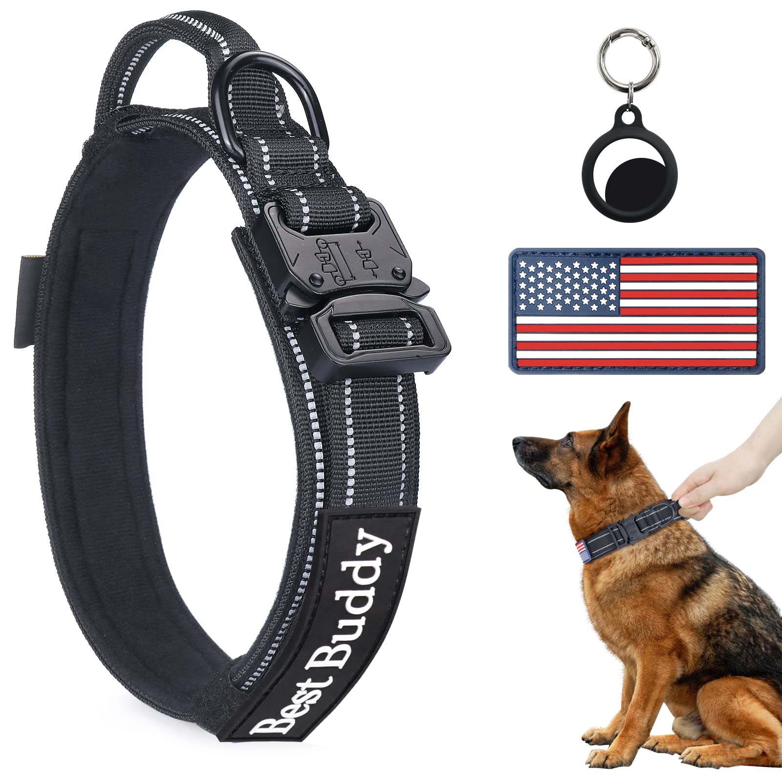 Photo 1 of AUBELL Reflective Tactical Dog Collar,Adjustable Military Heavy Duty K9 Collars with Handle and Quick Release Metal Buckle Great for Large Dogs, with Airtag Case and 2 Patches (Black,L)
