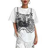 WDIRARA Women's Lace Letter Graphic T Shirts Crew Neck Short Sleeve Loose Tee Tops