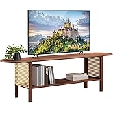 HollyHOME Bamboo TV Stand with Storage for TVs up to 65", Modern Entertainment Center with Rattan Side, Accent TV Table with 2 Shelf, Media Console TV Stand for Living Room, Bedroom, Walnut