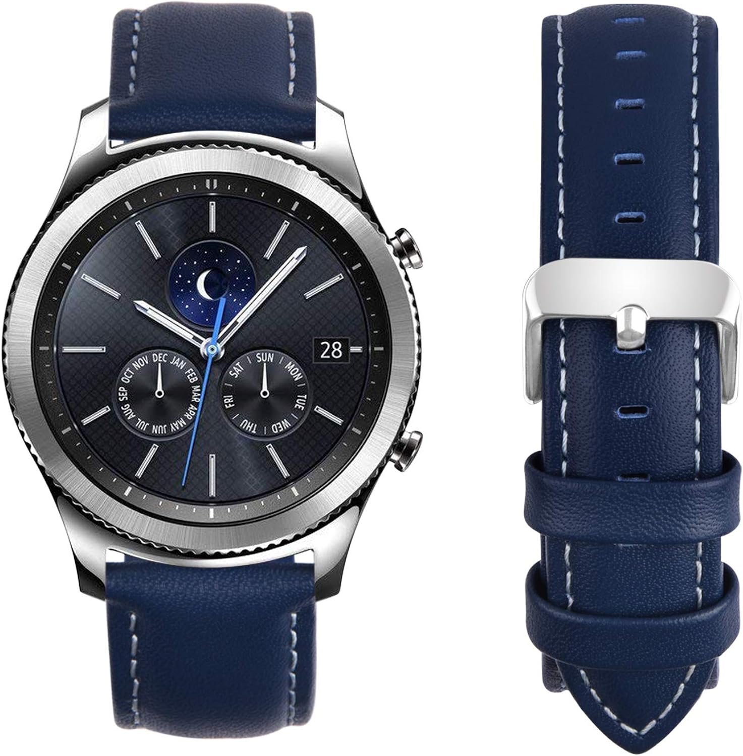 Fullmosa Compatible Samsung Galaxy 46mm/Gear S3 Frontier/Classic Watch Bands, Quick Release Leather Smart Watch Band for Garmin Vivoactive 4 and Active, 22mm Watch Band, Dark blue + silver buckle | 