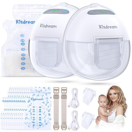 Wearable Breast Pump with 12 Pcs Breastmilk Storage Bags, Hands-Free Breast Pump 2 Modes 9 Level Electric Express Pump Silicone Breast Pump Wireless Milk Breast Pump Double Breast Pumps 24mm Flange