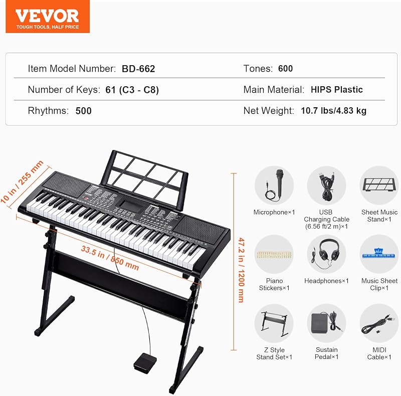 Pianoforte Digitale Tastiera, 61 Tasti, Pianoforte Elettrico Portatile, Supporto, 600 Toni, 500 Ritmi, Altoparlanti Incorporati, Pedale Sustain, Cuffie, Microfono, USB MIDI, per Principianti