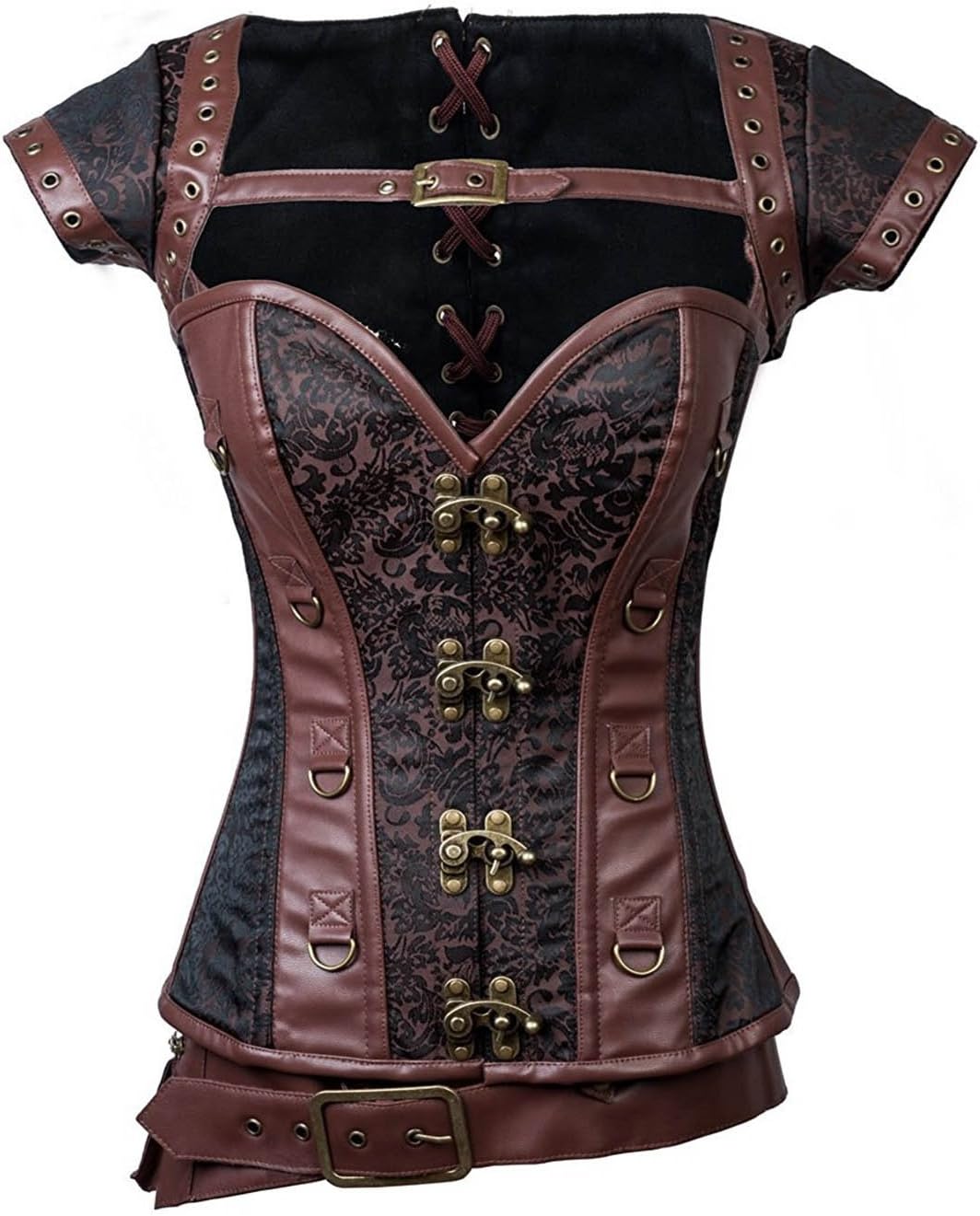 Women's Steampunk Leather Gothic Steel Boned Overbust Corset with Jacket