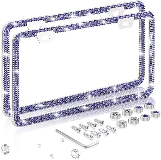 Delixike Bling Rhinestone Thin Border Blue License Plate