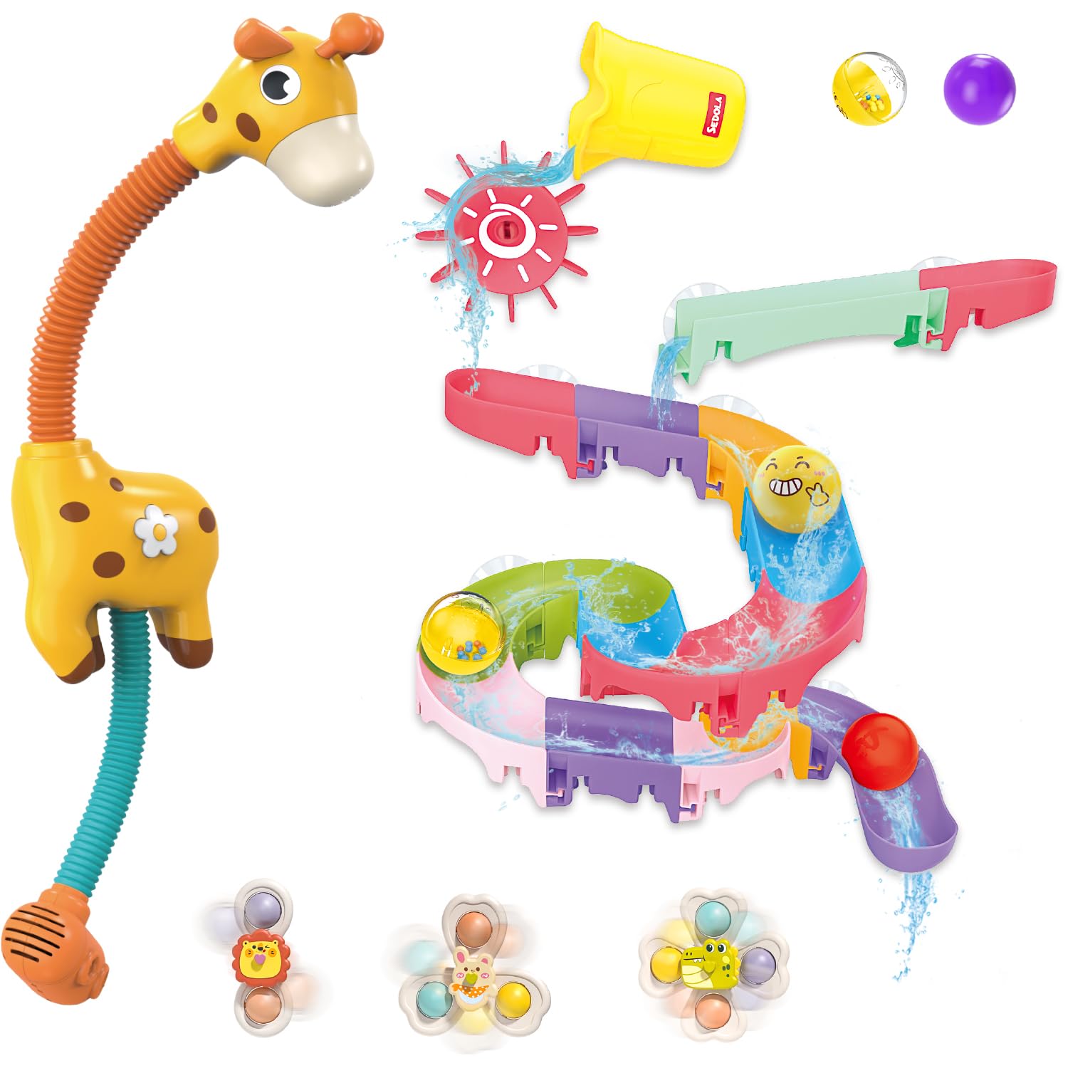 Photo 1 of Duck Slide Toddler Bath Toys - Mostop Baby Bathtub Toy with Giraffe Shower Head Sprayer, 3 Suction Cups Spinner Toys, Baby Shower Fun Bath Wall Toys Gift for Toddlers Boys Girls