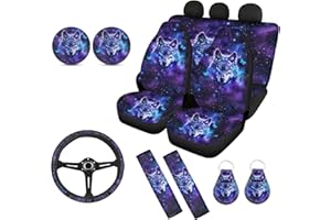Wanyint Galaxy Wolf Car Seat Covers Full Set,Front Rear Seat Cover with Steering Wheel Covers,Seat Shoulder Straps,Universal Seat Protector Car Accessories for Most Cars SUV