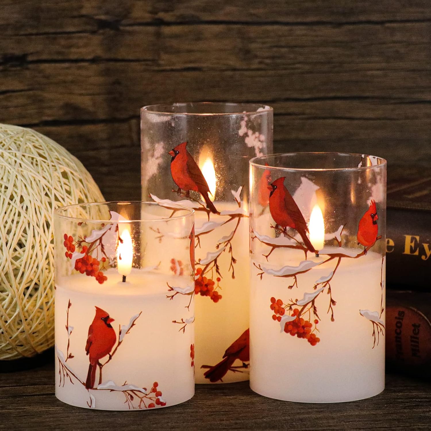 Lighting - GenSwin Red Bird Glass Flameless Candles with Remote Timers, Battery Operated 3D Wick Led Flickering Light, Real Wax Pillar Candles for Christmas Home Decoration(Pack of 3, 3”x4”5”6”)