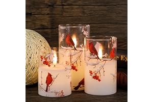 GenSwin Red Bird Glass Flameless Candles with Remote Timers, Battery Operated 3D Wick Led Flickering Light, Real Wax Pillar Candles for Christmas Home Decoration(Pack of 3, 3”x4”5”6”)