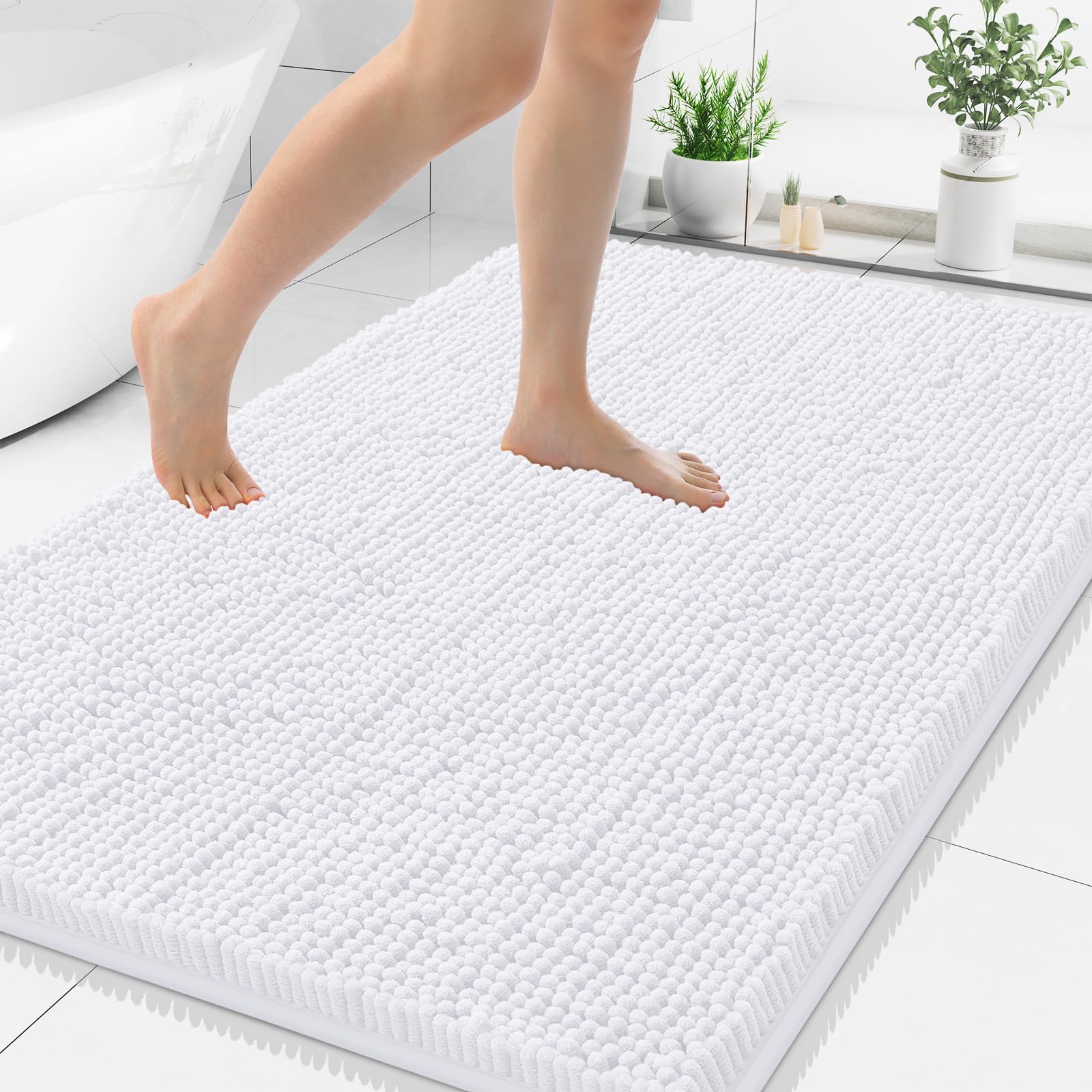 Photo 1 of Smiry Luxury Chenille Bathroom Rugs 44x32, Extra Soft and Absorbent Shaggy Bath Mat, Machine Washable, Non-Slip Plush Carpet Runner for Tub, Shower, and Floor, Home Decor Accessories, White