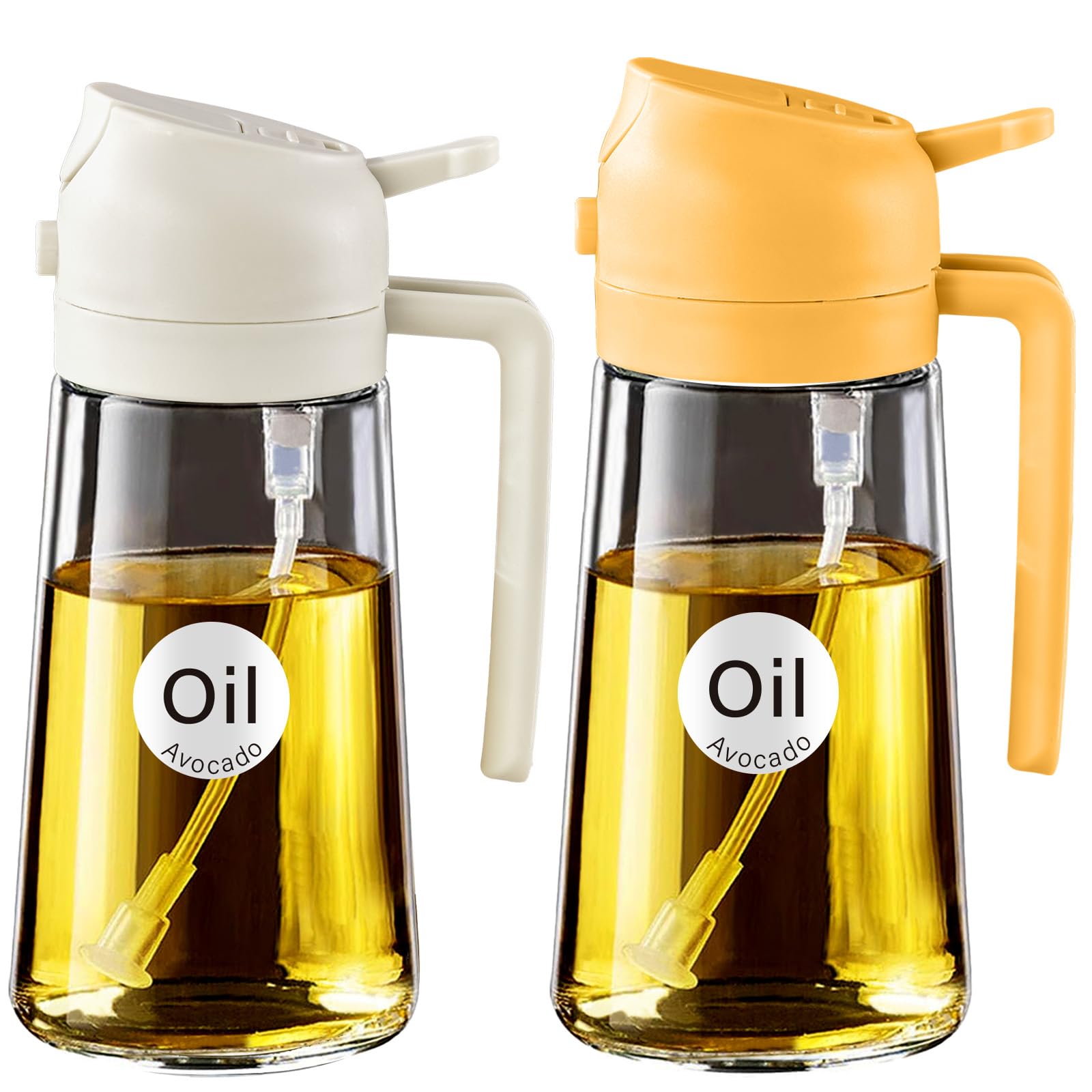 Photo 1 of ***MISSING ONE*** YARRAMATE 2Pcs 16oz/470ml 2 in 1 Oil Sprayer for Cooking with Stickers, Food-grade Glass Oil Spray Bottle, Oil Dispenser and Oil Sprayer for Kitchen, Salad, Frying, BBQ (White & Orange)