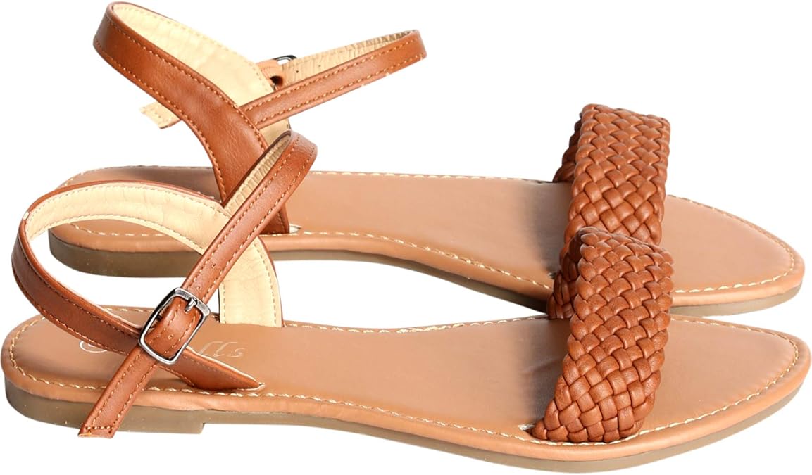Amazon.com | Wells Women's Dressy Casual Open Toe One Band Braided Ankle Strap Flat Sandals 