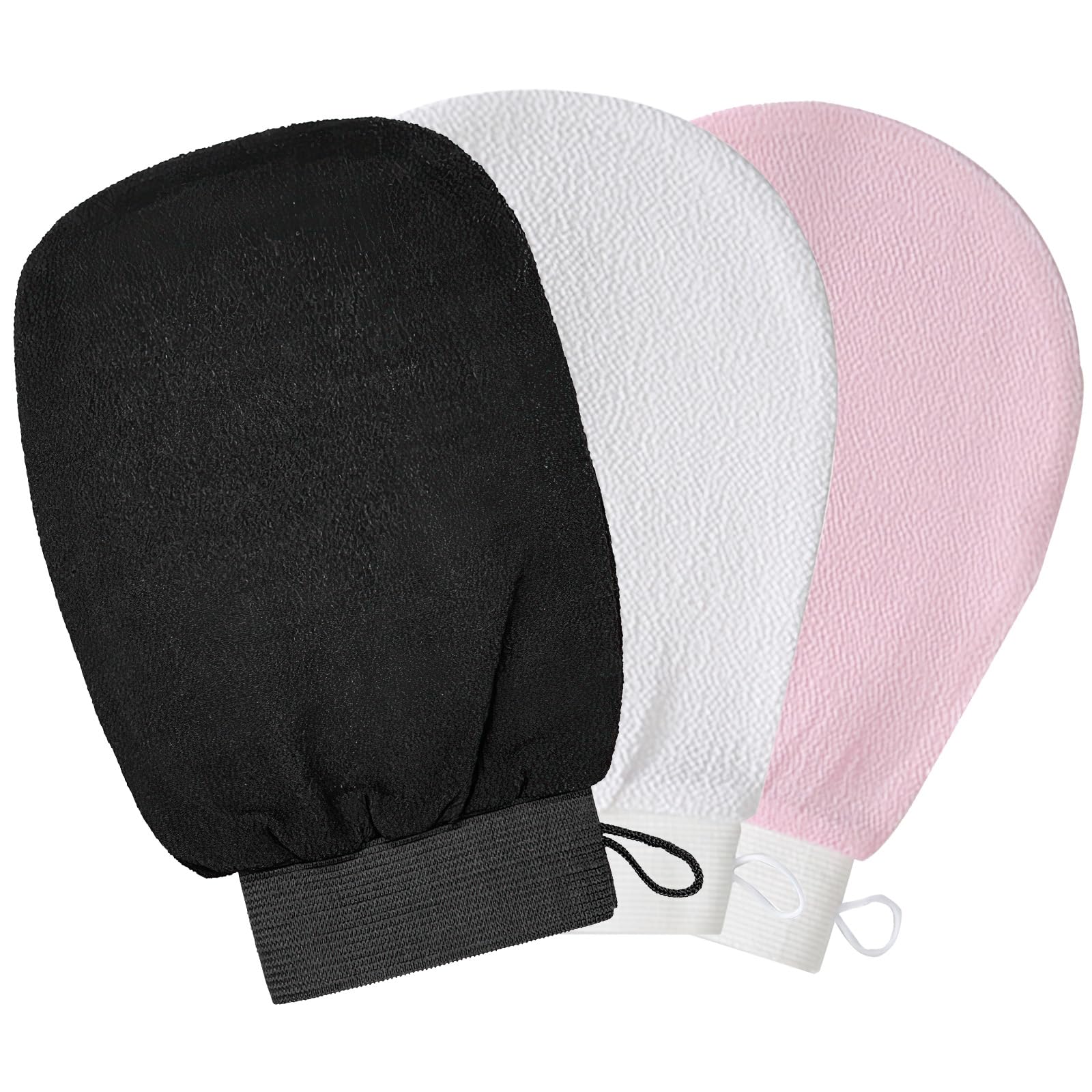 Pack of 3 Exfoliating Gloves, Body Shower Gloves, Massage Exfoliating Gloves for Body and Face - Black, Pink, White
