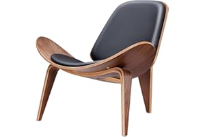 ZEFISON Hans Wegner Style Three- Legged Shell Chair Ash Plywood Black Faux Leather Accent Chair Living Room Furniture Mid-Century Modern Shell Chair (Walnut Color-Black Leather)