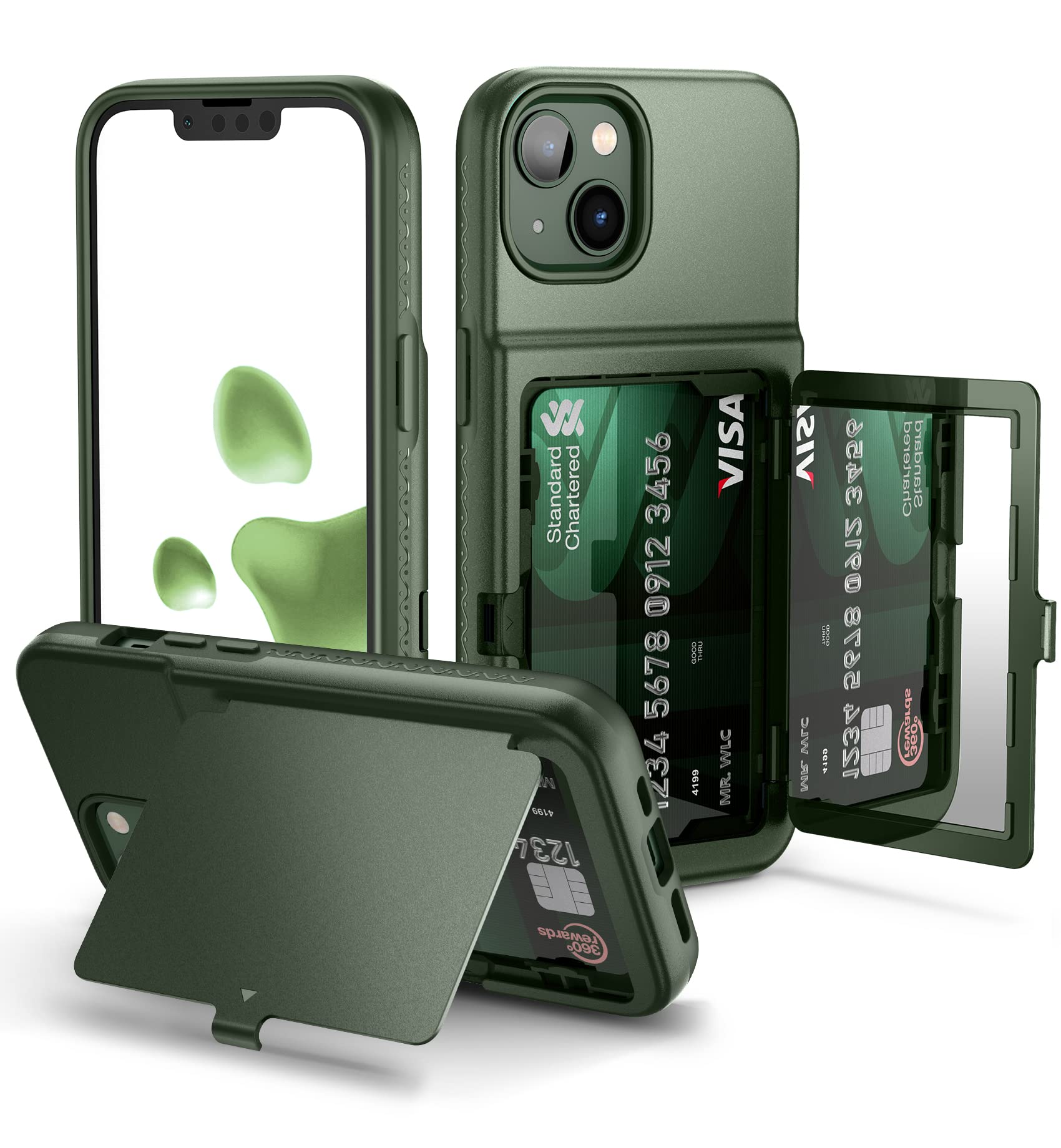 WeLoveCase for iPhone 13 / iPhone 14 Wallet Case with Credit Card Holder & Hidden Mirror, Two Layer Shockproof Heavy Duty Protection Cover Protective Case for iPhone 13/14 6.1 Inch-Green