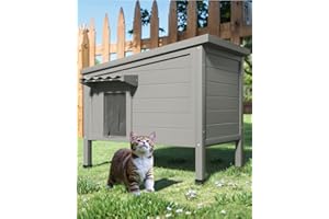 TIMHAKA Outdoor Cat House Feral Cat Shelter Waterproof All-Round Foam Insulated, Large Outside Feral Cat Enclosure with Escape Door, Solid Wood Cat Condos for Multiple Cats 35.2"L x 22.8"W x 28.7"H