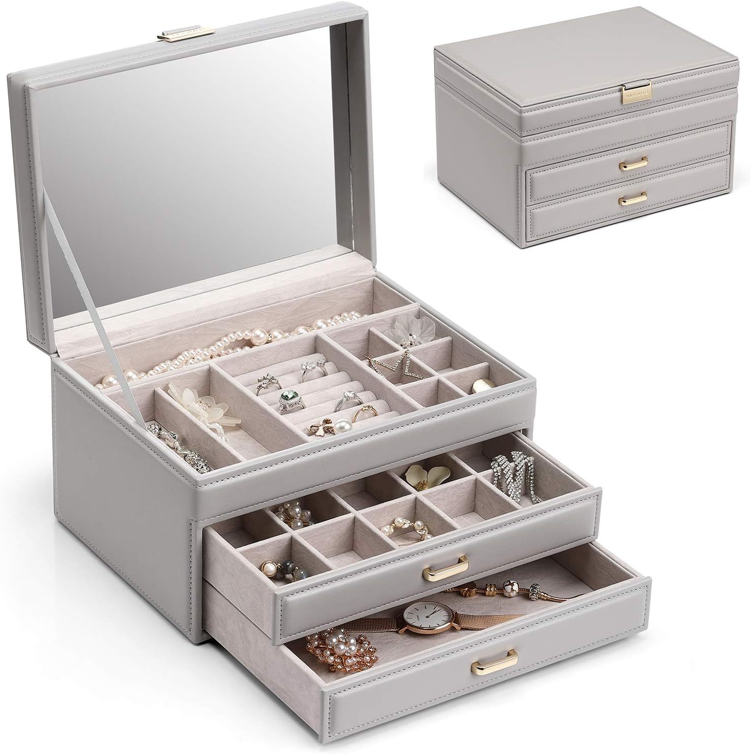 Vlando Jewelry Organizer Box Large-Capacity Jewelry Storage Box, Mirror Jewelry Storage Box, Girl/Woman Earrings, Necklace, Bracelet (Grey, Mirror Lid): Home Improvement