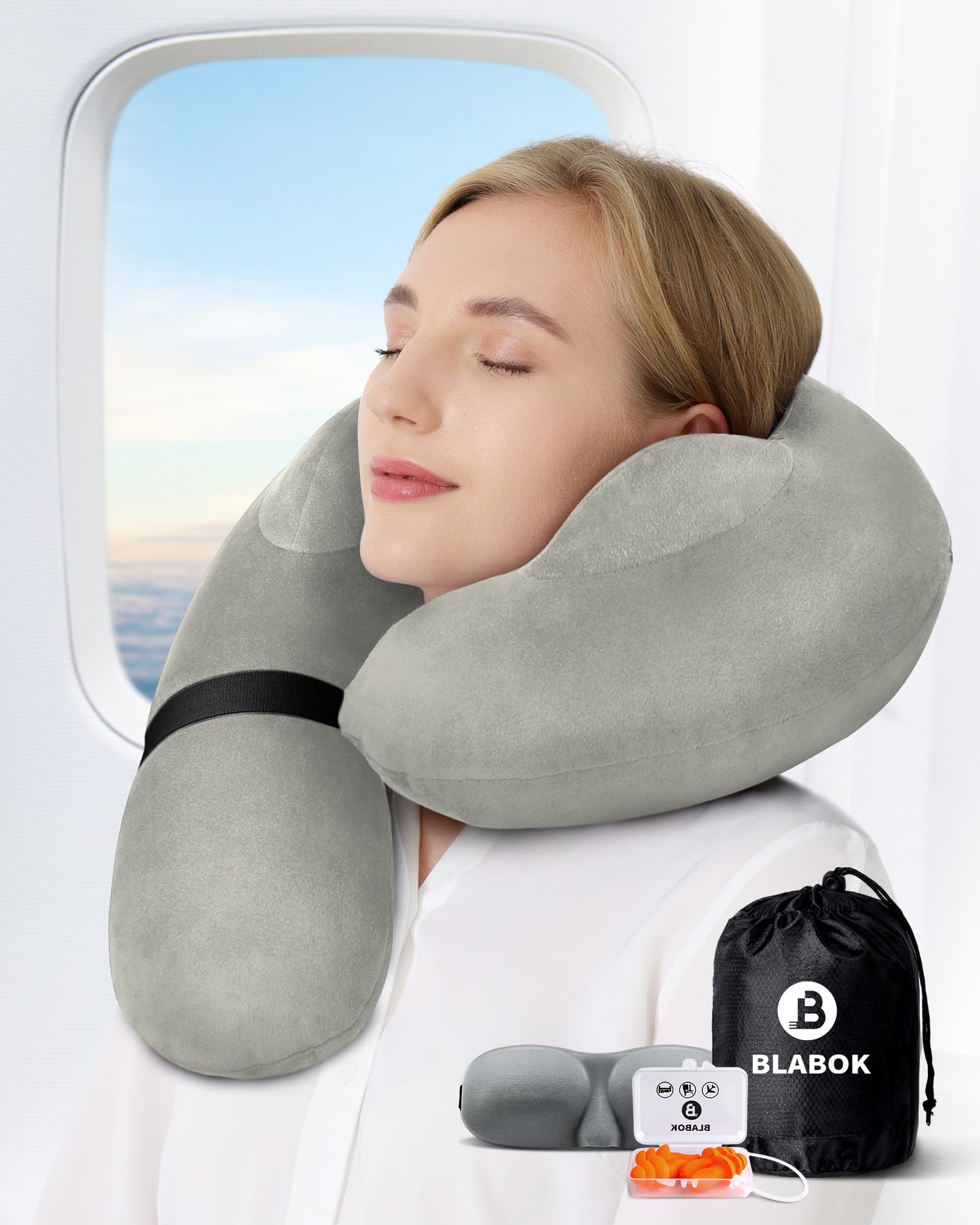 Photo 1 of BLABOK Travel Neck Pillow for Airplane, Travel Pillow Support Head and Neck, Comfortable & Washable Cover, Inflatable Neck Pillow for Traveling,Car,Office,Home (Grey)