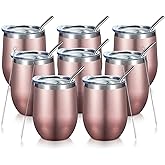 COMOOO Rose Gold Stainless Steel Wine Tumbler Bulk with Lid and Straw 12oz Double Wall Vacuum Insulated Tumbler Cup Stemless for Hot and Cold Drinks, Coffee, Wine, Cocktails Rose gold, 8 Pack