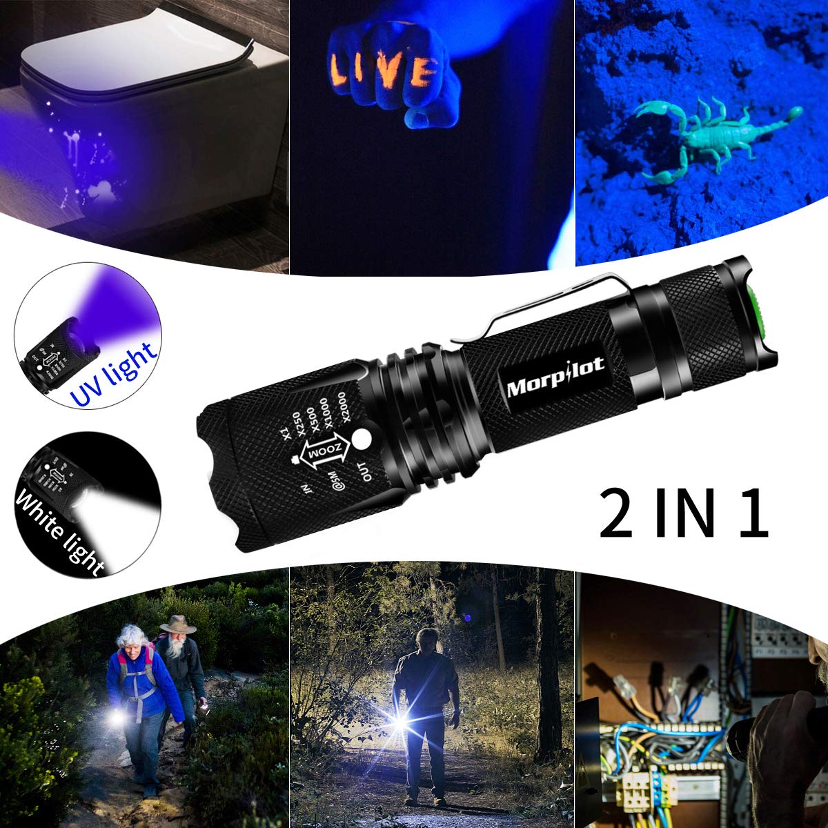 Morpilot 2 in 1 UV Tactical Flashlight Urine Detector, Upgrade 500LM Bright 4 Modes Handheld Flashlight with 395NM Ultraviolet Black Light for Spot Carpet Pet Urine Stain Catch Scorpions