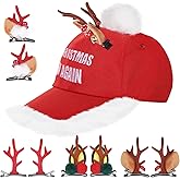 Igneinf Santa Christmas Baseball Cap Xmas Pom Pom Hat Hair Clip Reindeer Hat Adjustable Holiday Cap Unisex Deer Horn Barrette
