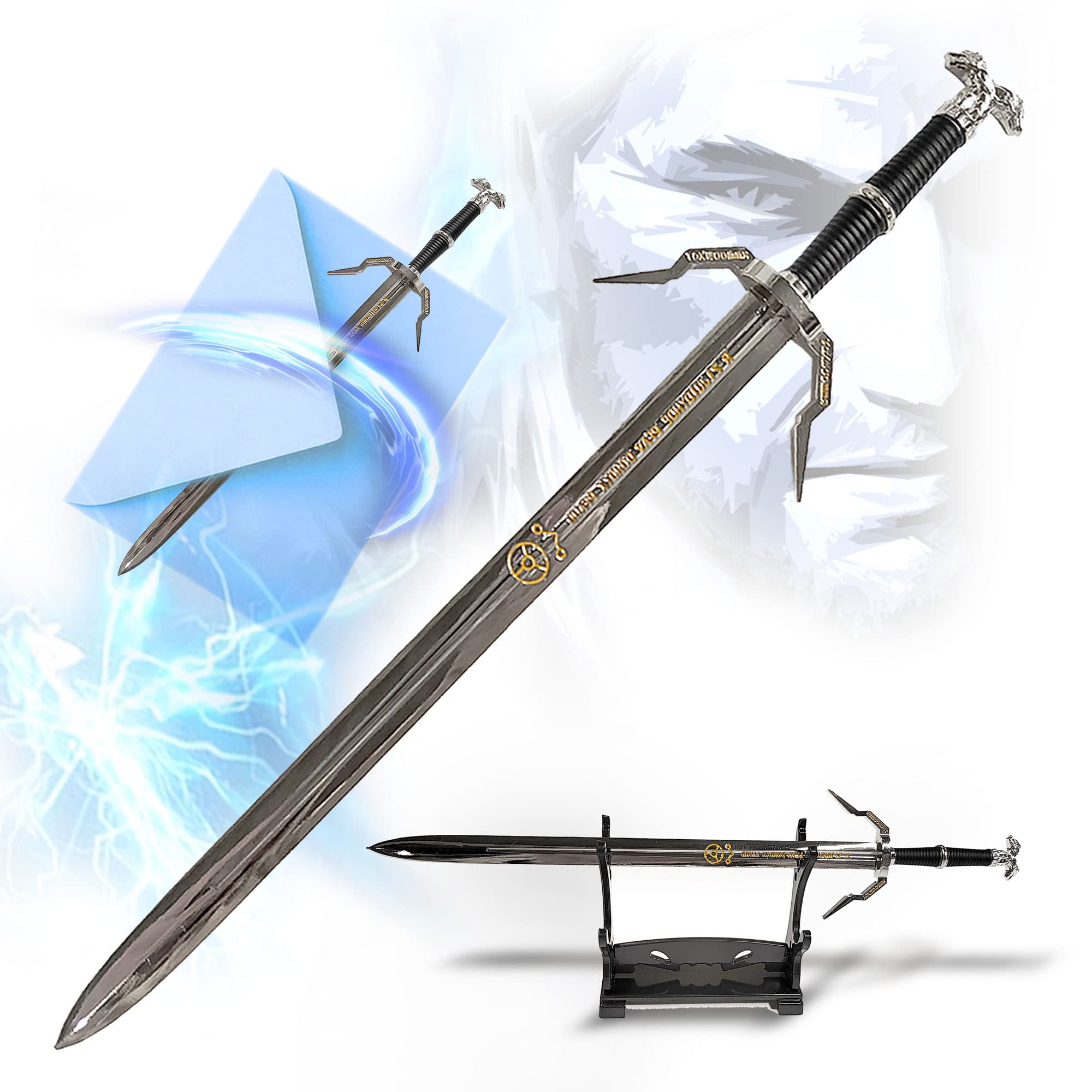 Witcher Sword - Geralt of Riva Silver Sword Letter Opener with Stand 21cm Miniature Sword Silver Sword Video Game Gift for Fans Gamers & Collectors