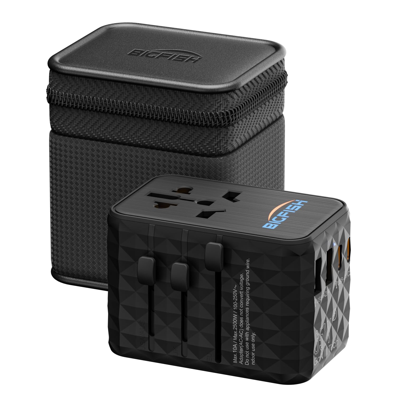 Bigfish Universal Travel Adapter WorldWide with 65W USB C PD Fast Charging, featuring 4USB(2A+2C) ports, and Dual 10A Fuses,All-in-One international design supports EU, UK, US, and AUS plugs