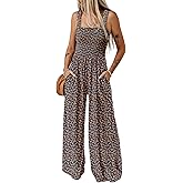 Dokotoo Women's Casual Loose Overalls Jumpsuits One Piece Sleeveless Printed Wide Leg Long Pant Rompers With Pockets
